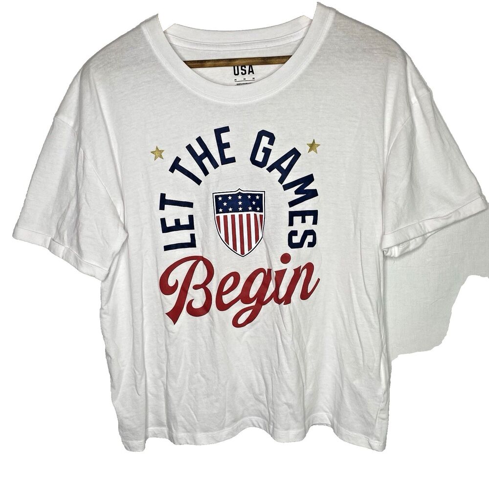 TEAM USA Olympics T-Shirt Cropped Vinyl Lettering Short Sleeve Womens M White